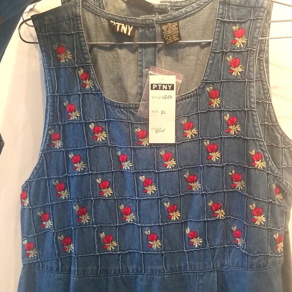 Vintage 90's NEW Denim Dress Embroidered Roses Floral Faux Wrap Button XL - Picture 16 of 16